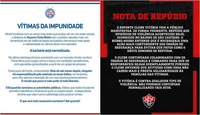 Bahia e Vitória divulgam nota de repúdio após briga de organizadas