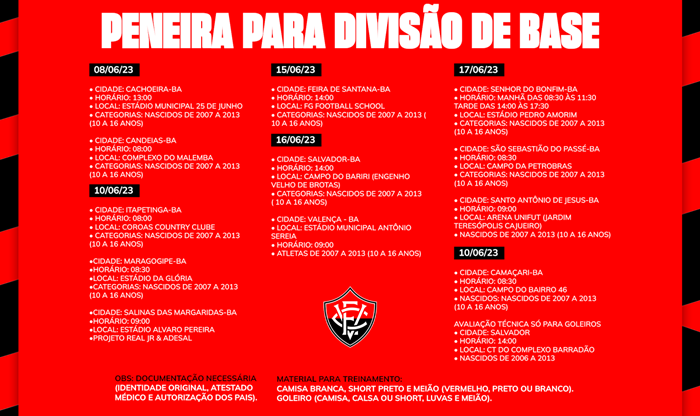 Vitória promove peneira no interior e na capital; confira a agenda